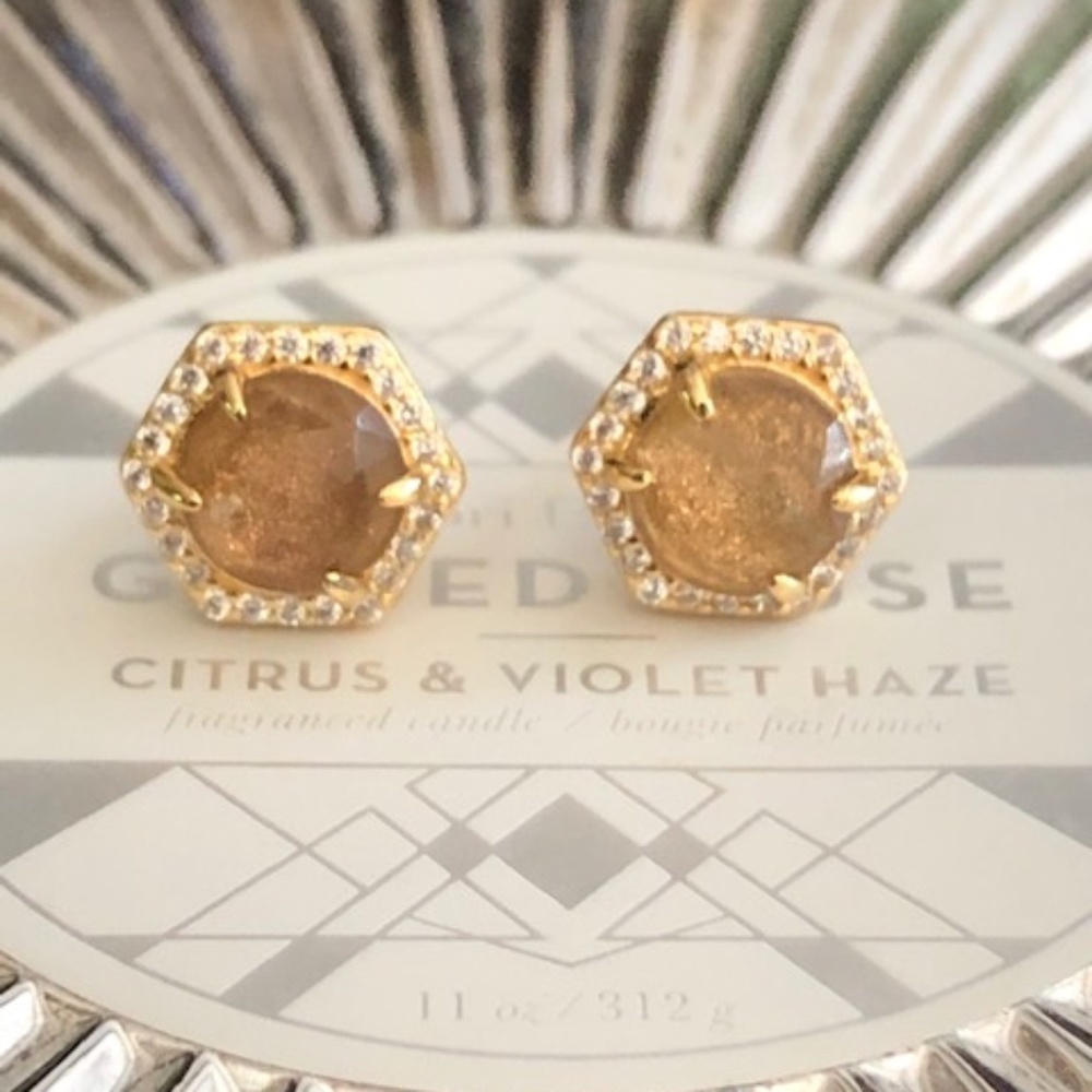 Hexagon Pave Stud Earrings  in Gold/Rutilated Quartz